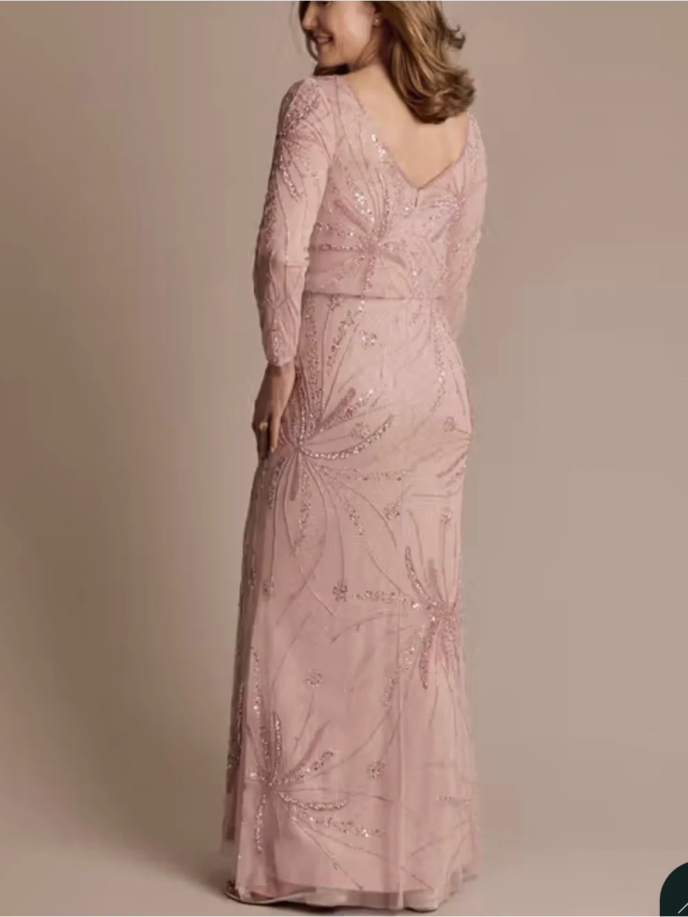 Elegant Long Sleeve Blouson Beaded Evening Gown - Blush Pink